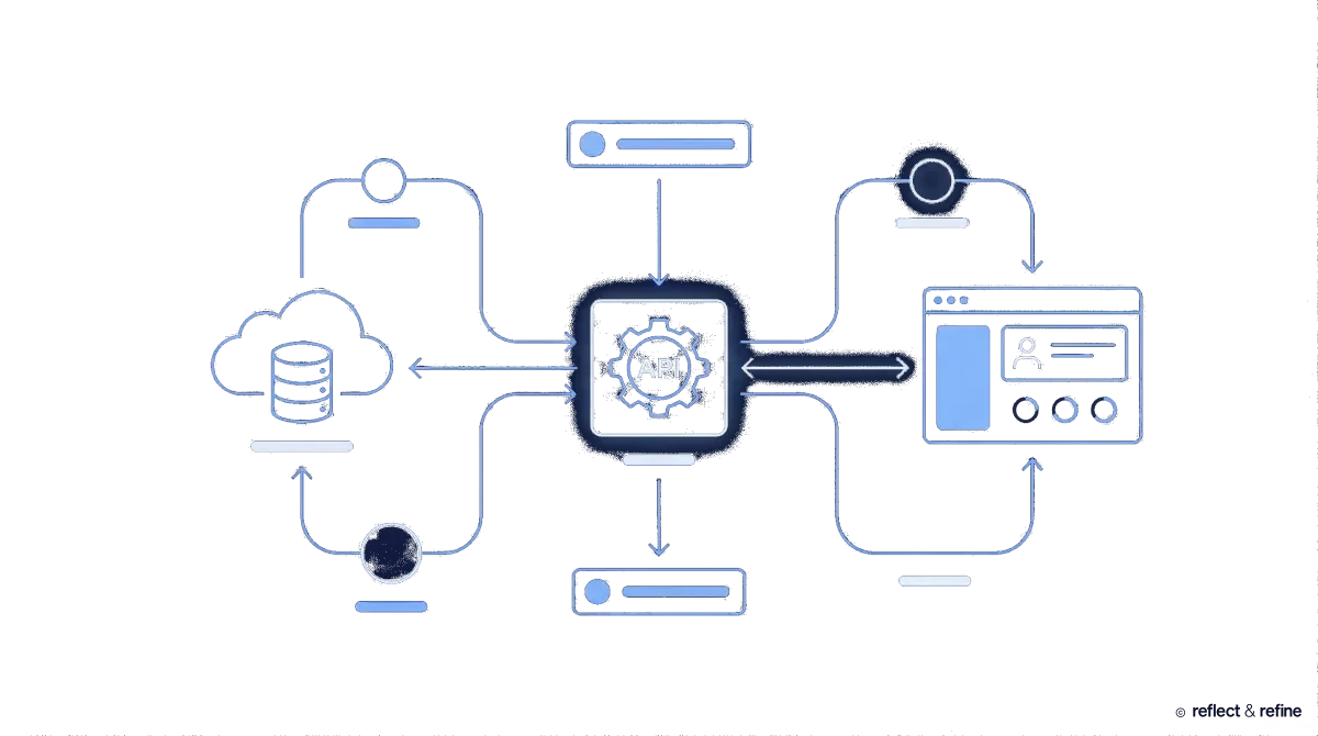 System architecture diagram: central API, cloud database, client UI and servers connected by data flow.