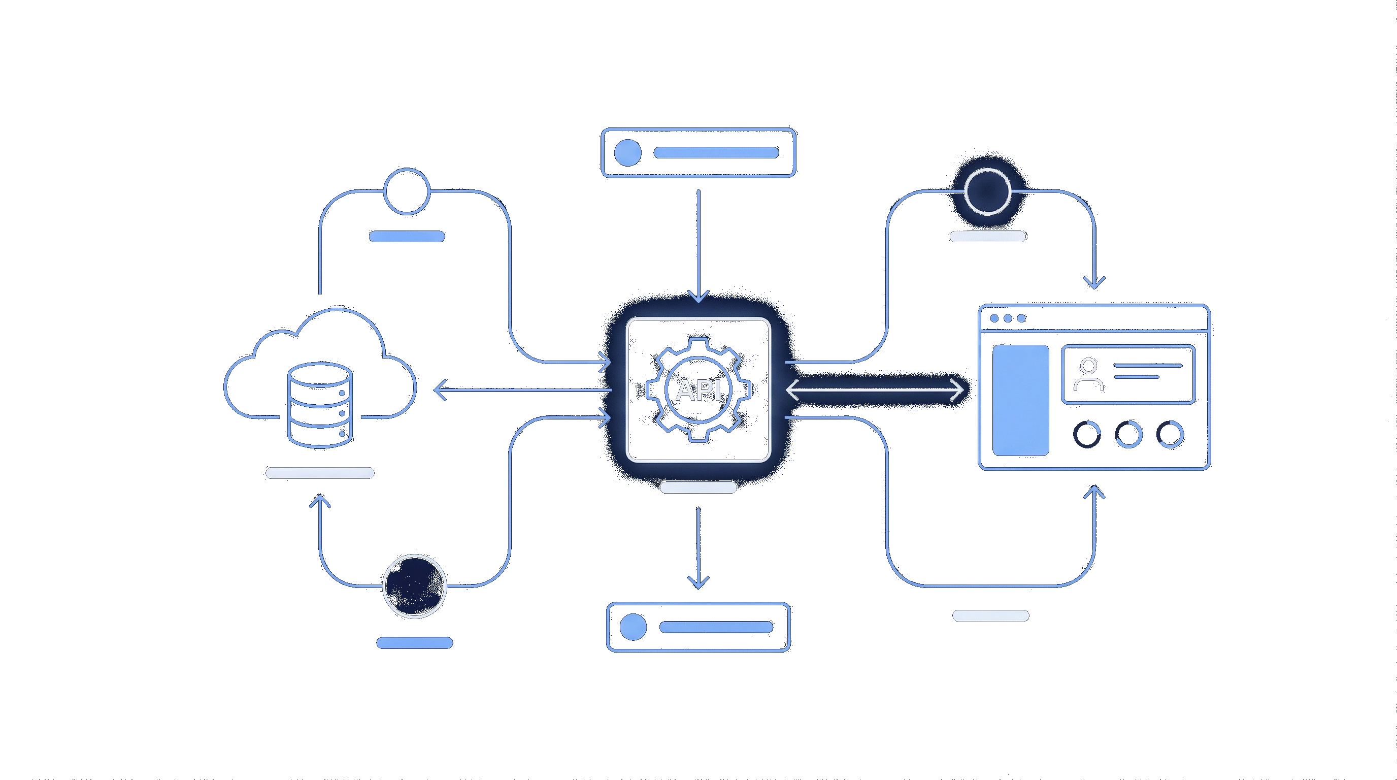 System architecture diagram: central API, cloud database, client UI and servers connected by data flow.