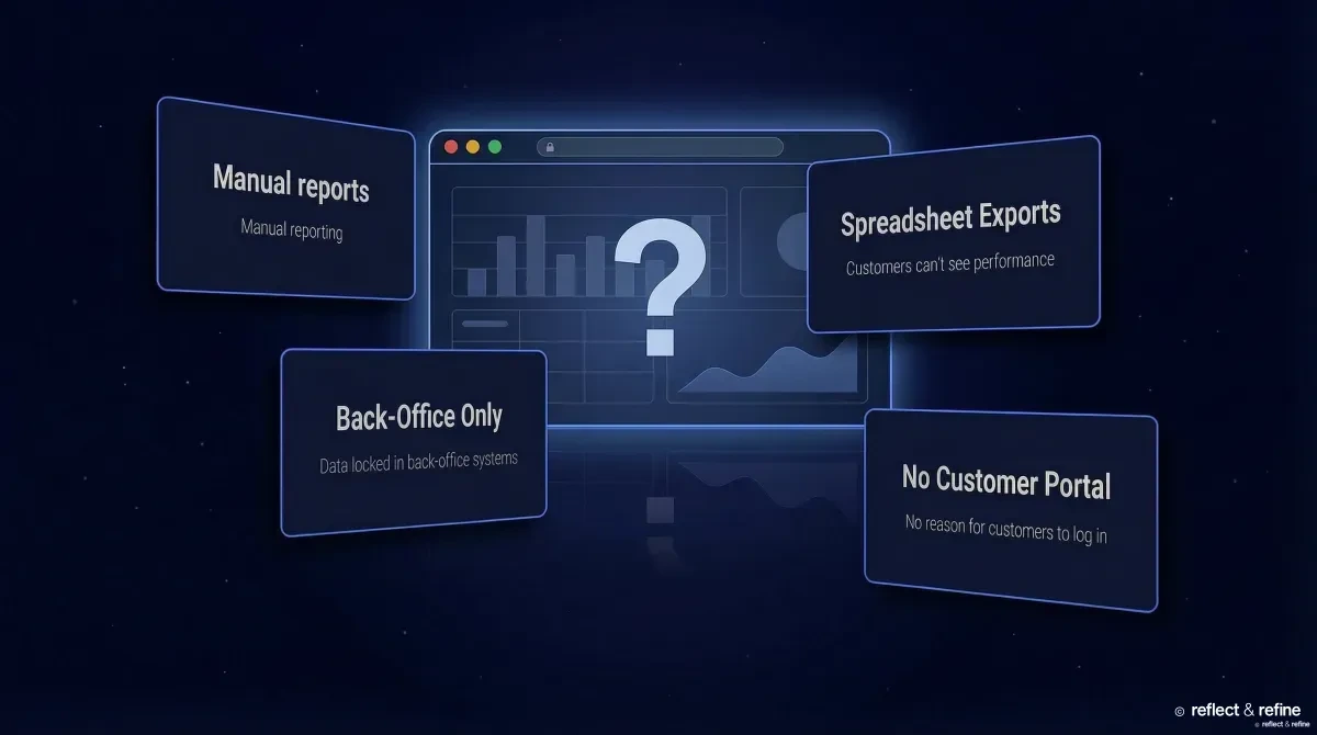 Abstract concept of disconnected data blocks and manual reporting, suggesting the challenge of no customer-facing tracking.