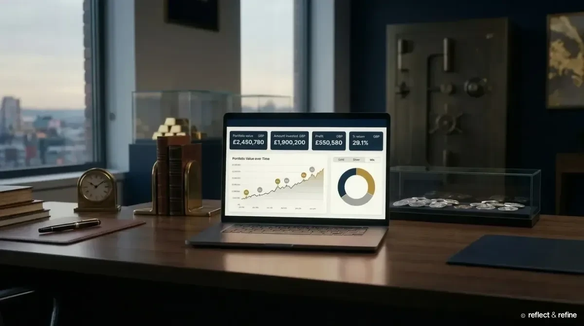 Browser window showing a portfolio performance dashboard with summary cards, line chart and navigation; reflection fades out below.