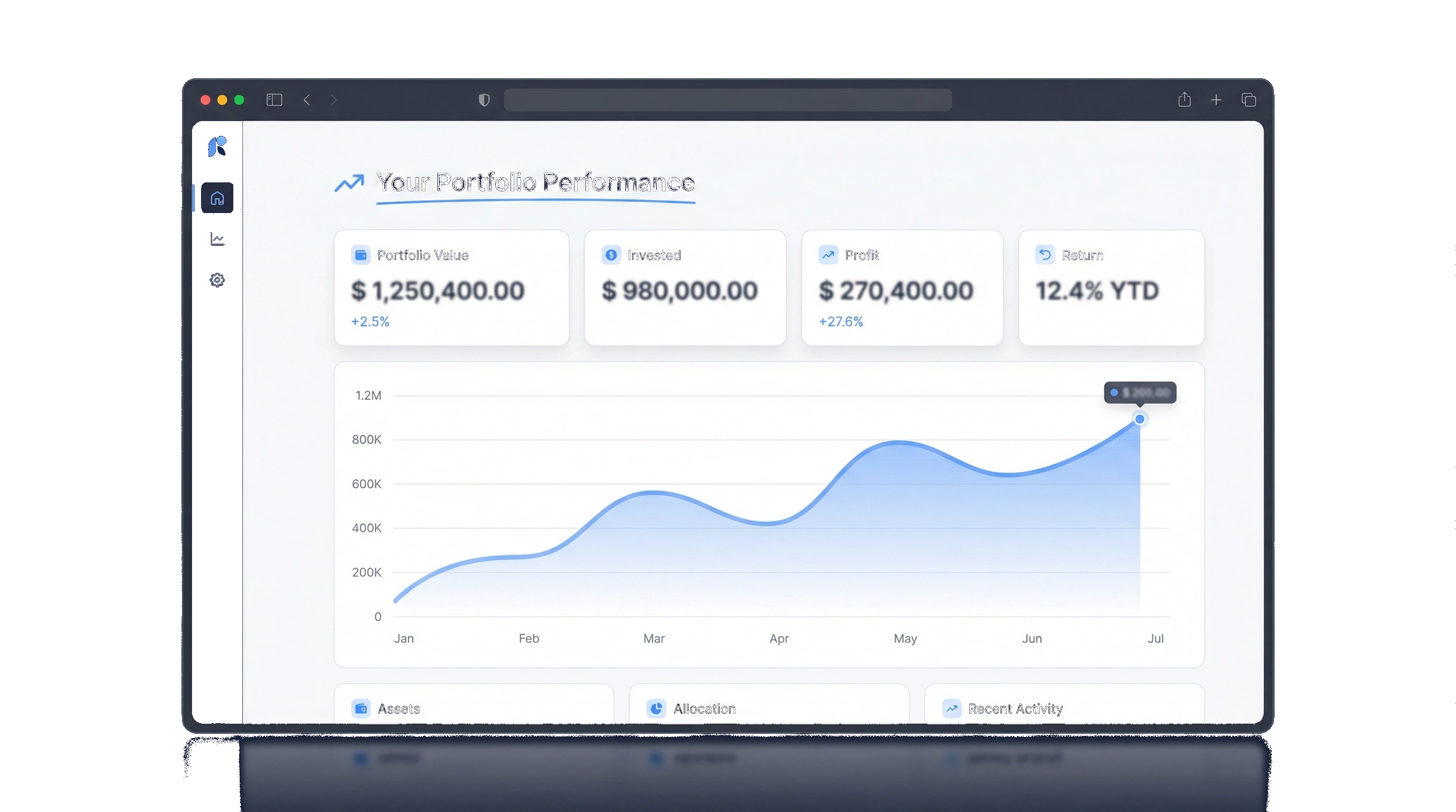 Browser window showing a portfolio performance dashboard with summary cards, line chart and navigation; reflection fades out below.