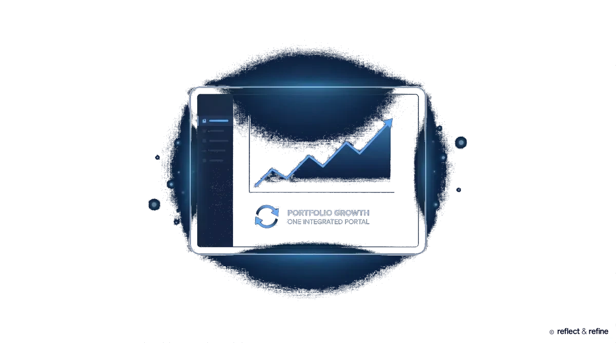 Tablet displaying portfolio growth chart and one integrated portal message.