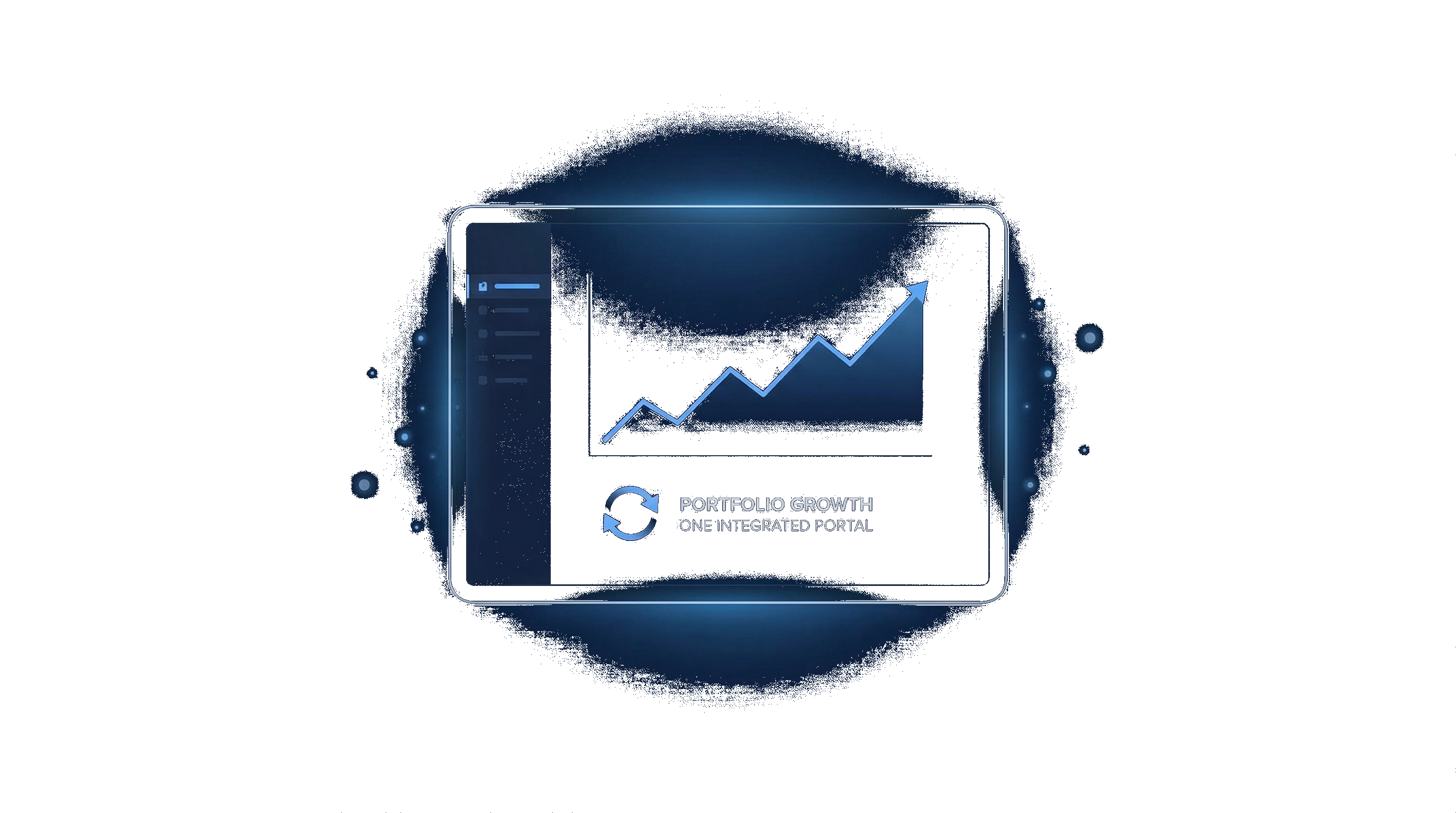 Tablet displaying portfolio growth chart and one integrated portal message.